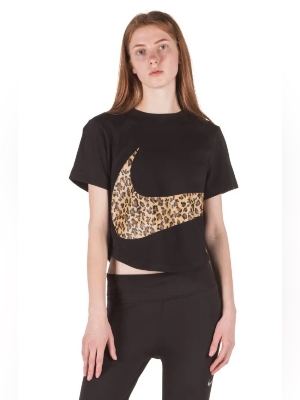 Nike NSW Animal Print Swoosh Cropped Top Black Leopard Logo Size M - Picture 1 of 11